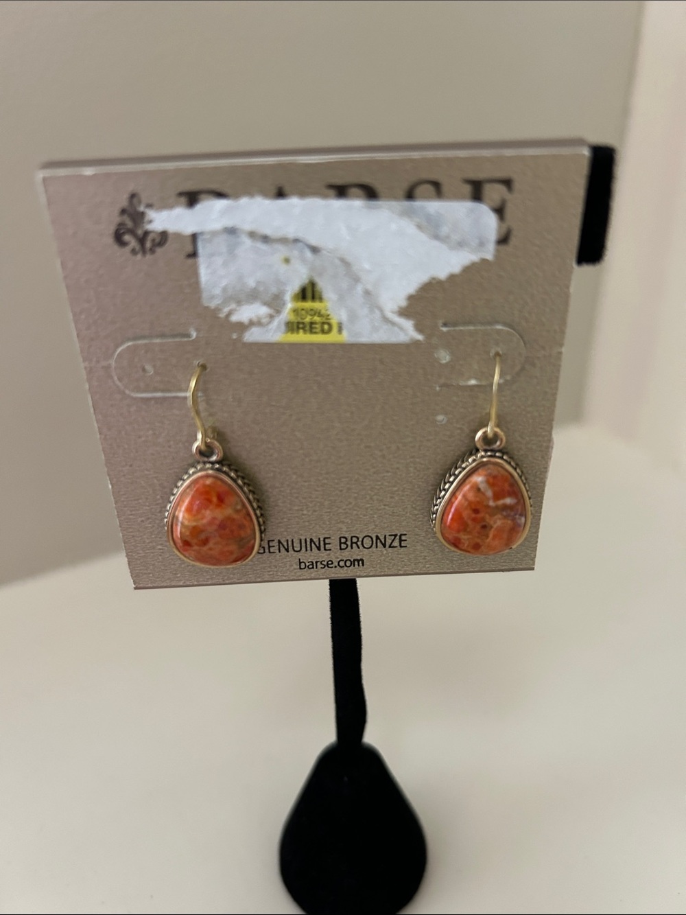 Studio Barse Orange Marble Teardrop Bronze Dangle Earrings new
